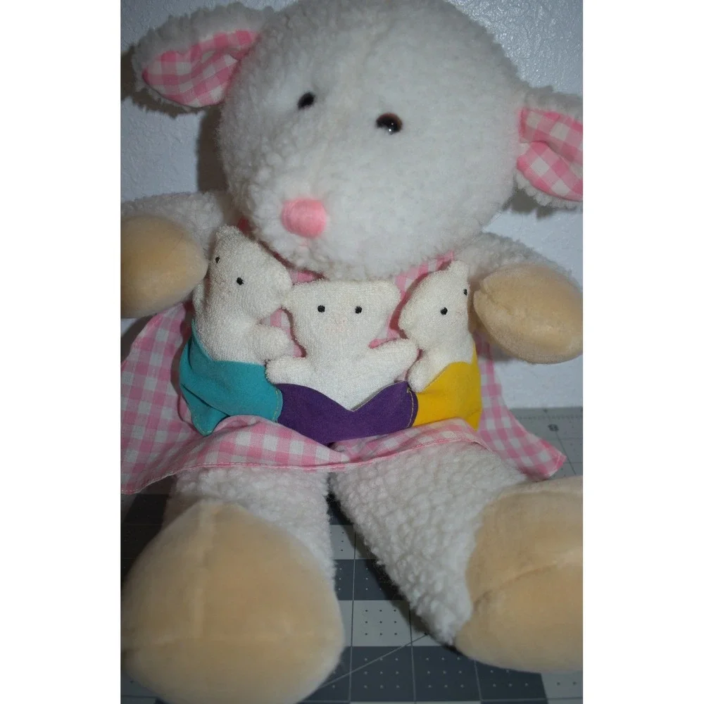 Vintage 1993 Dakin Mother Sheep Plush Pink Gingham Dress with 3 Baby Lambs 16 in